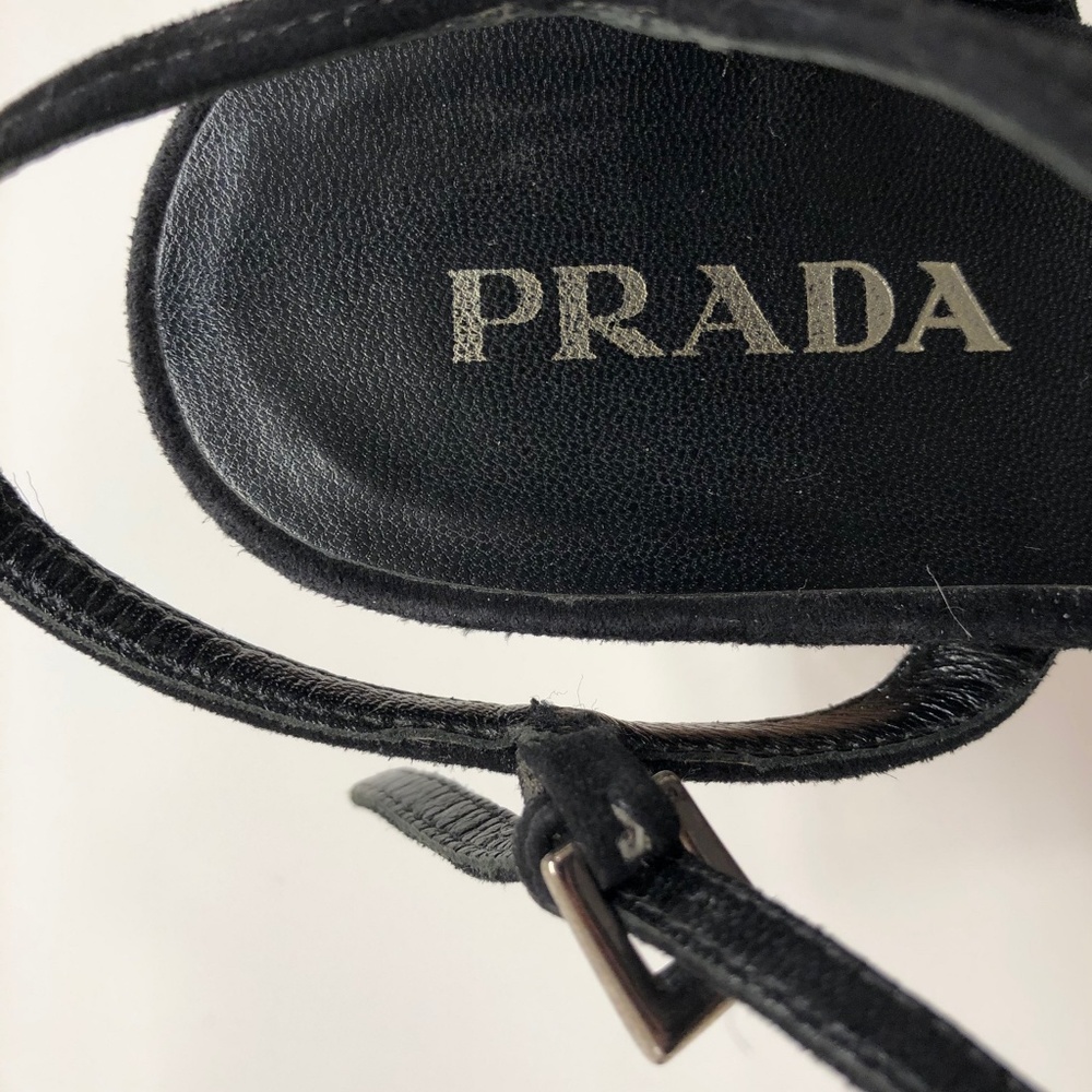 PRADA BLACK SUEDE + WICKER WEDGE PEEP TOE SANDALS - Picture 4 of 8